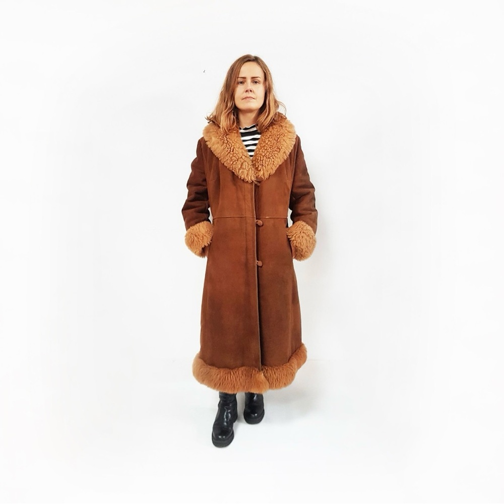 Penny Lane real shearling coat, Size L, Brown genuine sheepskin overcoat.